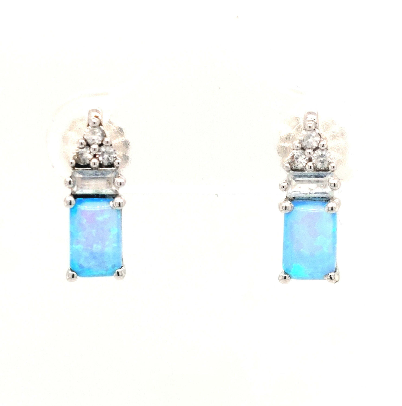 SS Synthetic Blue Opal & CZ Earring Pair with Friction Posts & Backs Gram Weight:1.5g