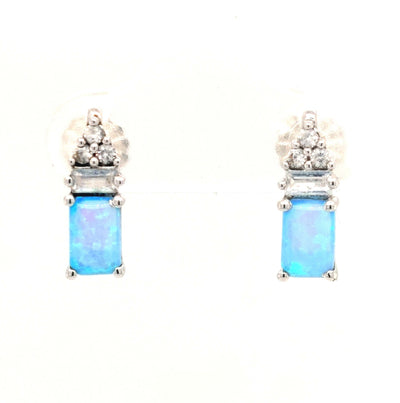 SS Synthetic Blue Opal & CZ Earring Pair with Friction Posts & Backs Gram Weight:1.5g