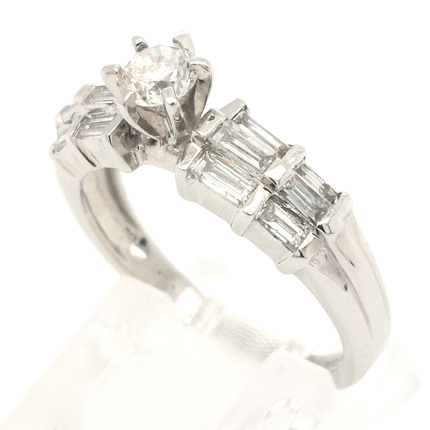 14K White Gold Diamond Engagement Ring with a 0.25ct RBC Center & 1.08ctTW of Baguettes F-G/VS2 Size:6 Gram We