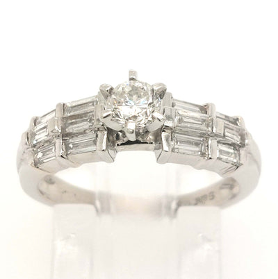 14K White Gold Diamond Engagement Ring with a 0.25ct RBC Center & 1.08ctTW of Baguettes F-G/VS2 Size:6 Gram We