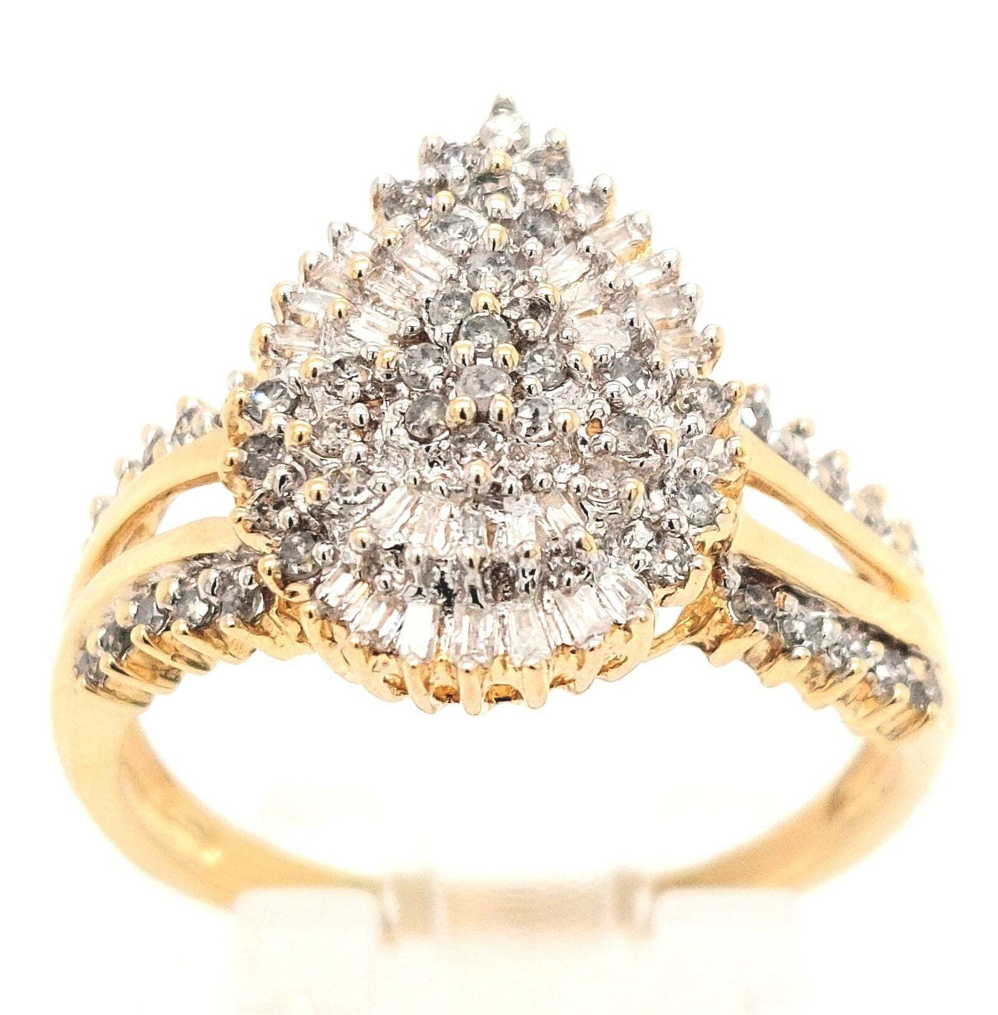 10K Yellow Gold 0.75ctTW Pear-Shaped Diamond Cluster Ring containing RBC & Baguette Diamonds H-I/SI2-I1 Size:9.
