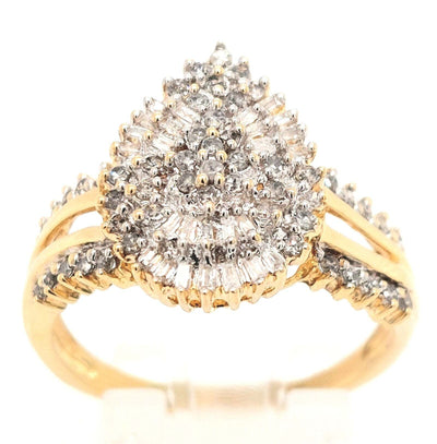 10K Yellow Gold 0.75ctTW Pear-Shaped Diamond Cluster Ring containing RBC & Baguette Diamonds H-I/SI2-I1 Size:9.