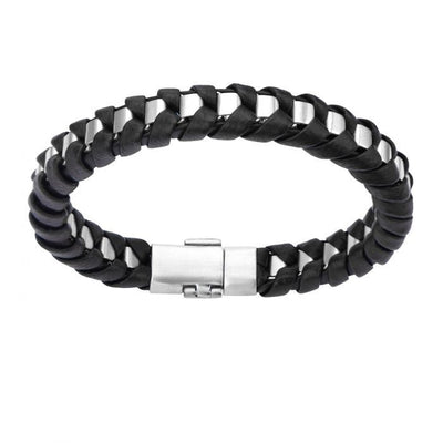 Men's StainleSS Steel Matte Finished and Black Leather Thread Bracelet