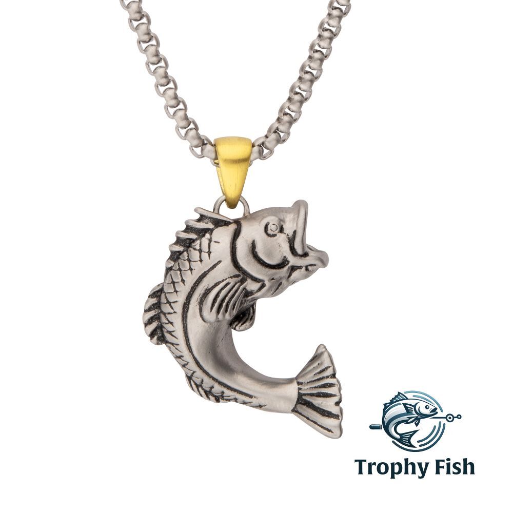Antiqued Matte Finish Steel Largemouth BaSS Pendant with 24" Box Chain