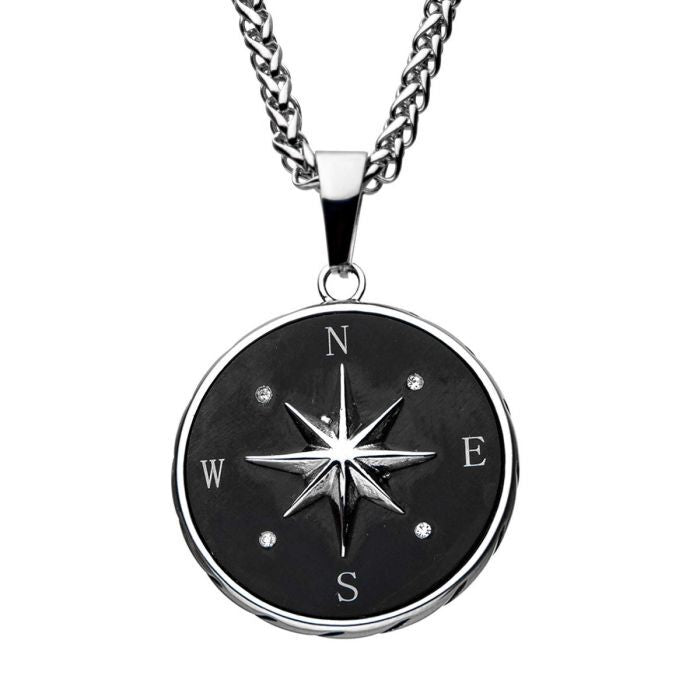 Men's StainleSS Steel and Black Plated CompaSS Pendant with 24 inch Long Steel Wheat Chain.