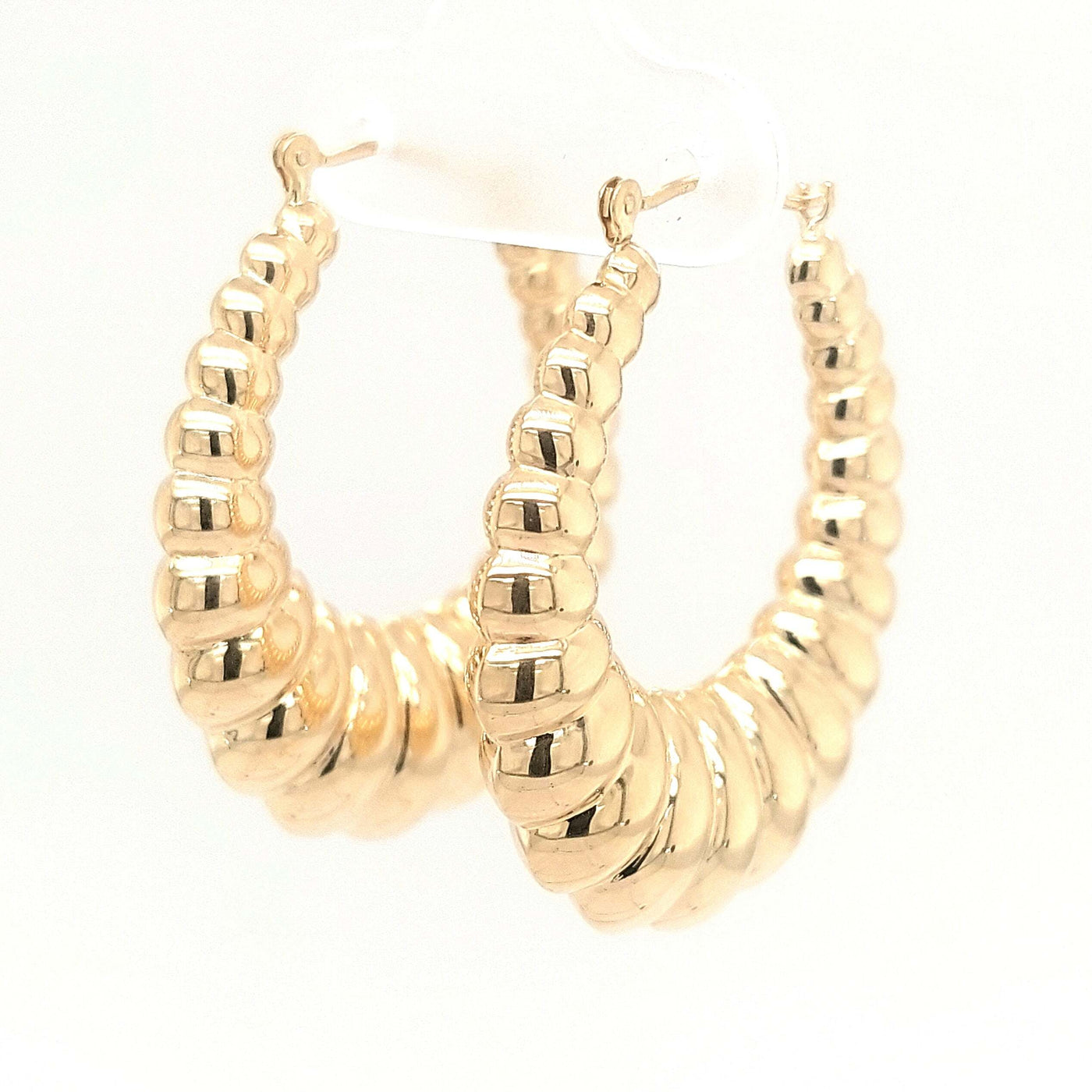 14K Yellow Gold Hollow Shrimp Hoop Earring Pair Gram Weight:3.9g
