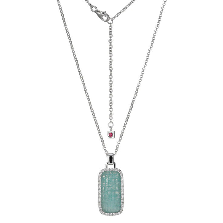 SS ELLE "Allure 2.0" Rhodium-Plated Amazonite and CZ Necklace (28" + 2")
