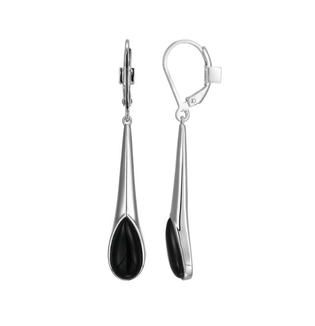 SS ELLE "Ethereal Drops" Rhodium Plated Black Agate Drop Earrings