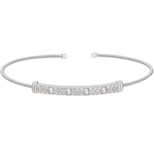 Rhodium Finish SS Cable Cuff Bracelet with Four Beads & Simulated Diamonds