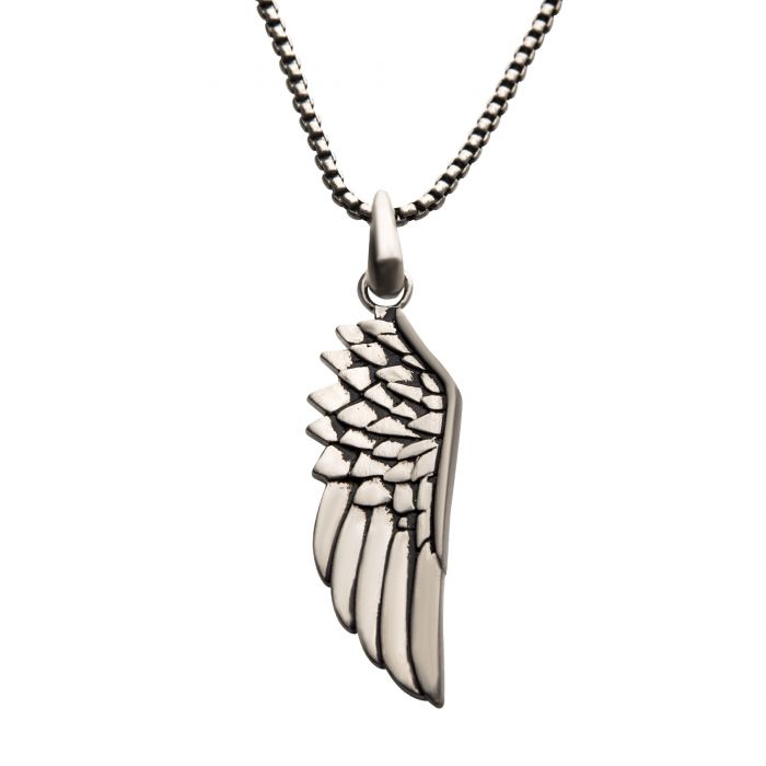 Men's Steel Wing Pendant with 24 inch long Black Oxidized Steel Box Chain