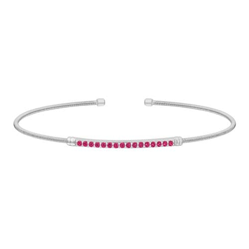 Rhodium Finish Sterling Silver Cable Cuff Bracelet with Simulated Ruby Birth Gems - July