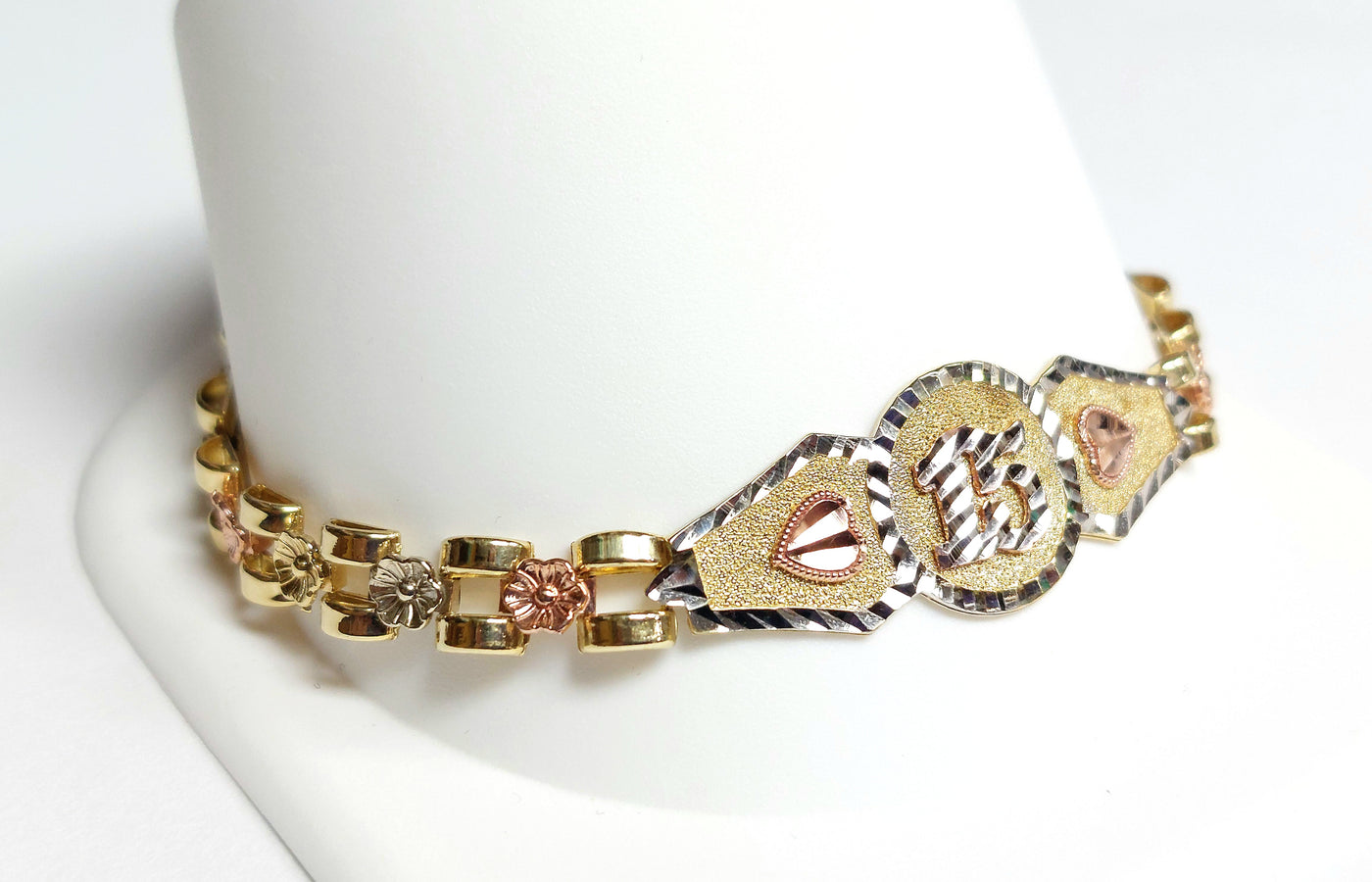 10K Tri-color gold Quinceanera "15" Bracelet