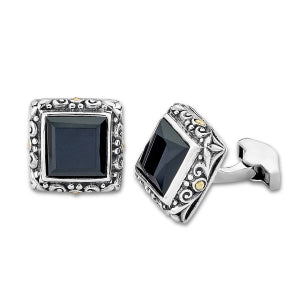 Sterling Silver and 18K Black Onyx Square Shape Cuff Links