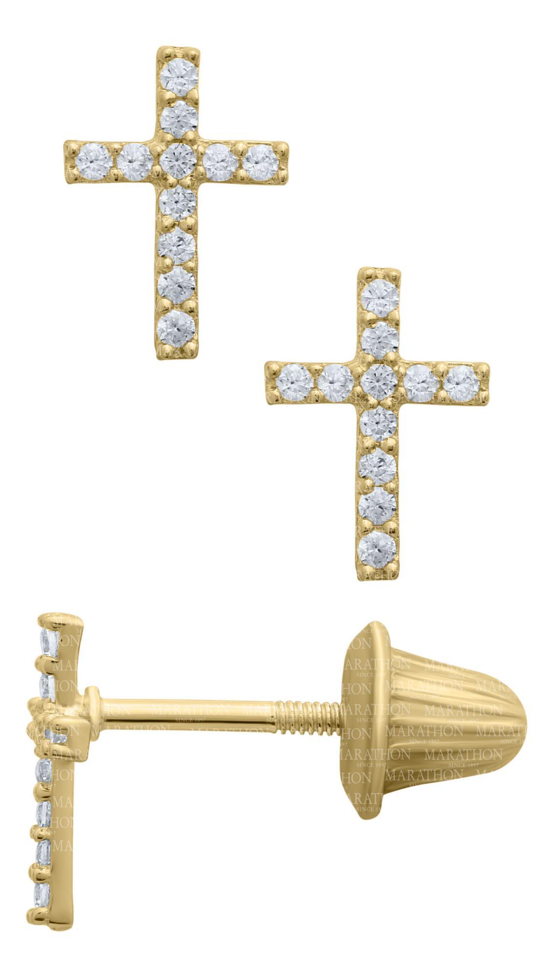 14K Yellow Gold Gold CroSS Cubic Zirconia Earrings with Screwbacks