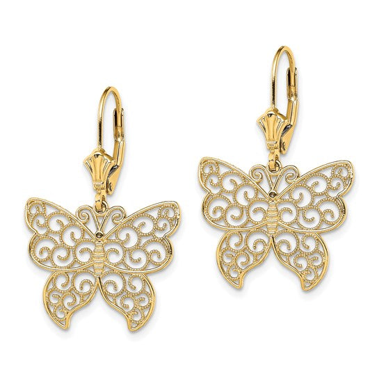 14K Yellow Butterfly with Beaded Filigree Wings Leverback Earrings