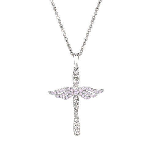 Platinum Finish Sterling Silver Micropave Angel Wings Cross with Simulated Light Amethyst & Diamonds on 16" - 18" Adjustable Chain