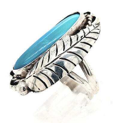 Sterling Silver Oval Turquoise Ring with Feather (Size 8)