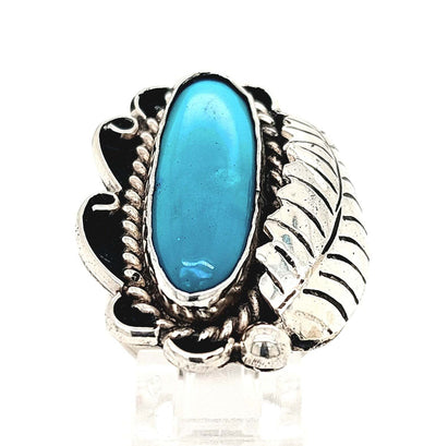 Sterling Silver Oval Turquoise Ring with Feather (Size 8)