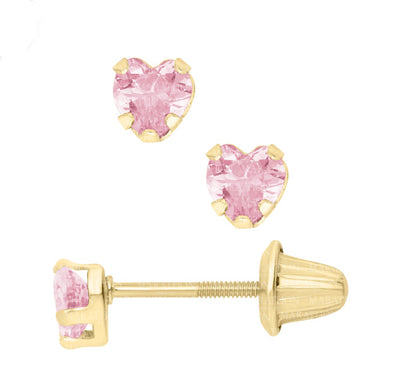 14K Yellow Gold Pink Cubic Zirconia Heart Earrings
