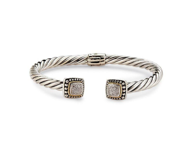 SS & 18K Yellow Gold Twisted "Kangguru Bangle" with Square Shape Pave Diamonds