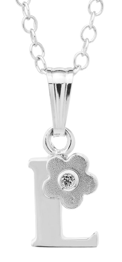 Sterling Silver Inital Diamond Flower "L" Necklace with a 15in chain