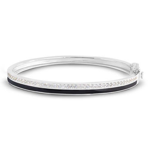 Platinum Finish SS Micropave Hinged Bangle Bracelet with with Black Enamel and Simulated Diamonds