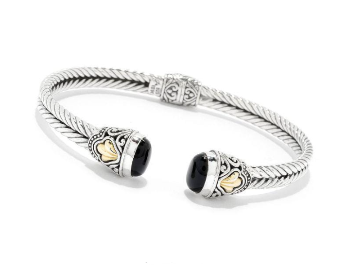 SS and 18K Yellow Gold Double Twisted Cable "Macha Bangle" with Onyx