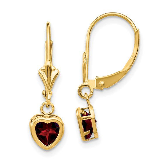 14KY Heart-Shaped Garnet Leverback Earrings