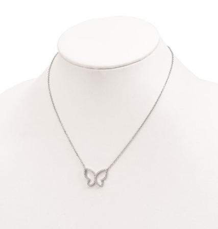 Rhodium-plated Sterling Silver Open CZ Butterfly Necklace (16in  + 2in)