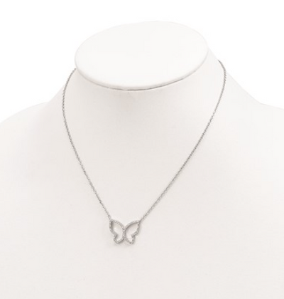 Rhodium-plated Sterling Silver Open CZ Butterfly Necklace (16in  + 2in)