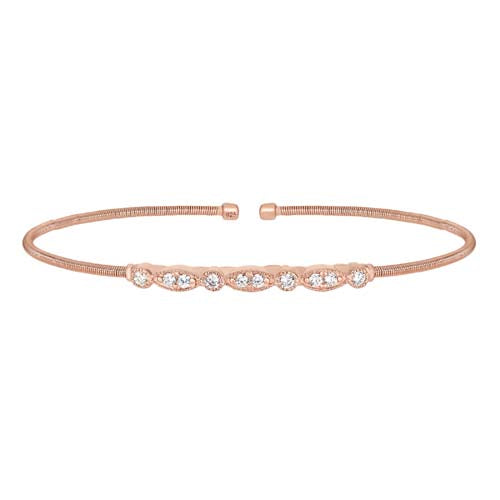 Rose Gold Finish Sterling Silver Cable Cuff Bracelet with Simulated Diamond Marquis & Round Design