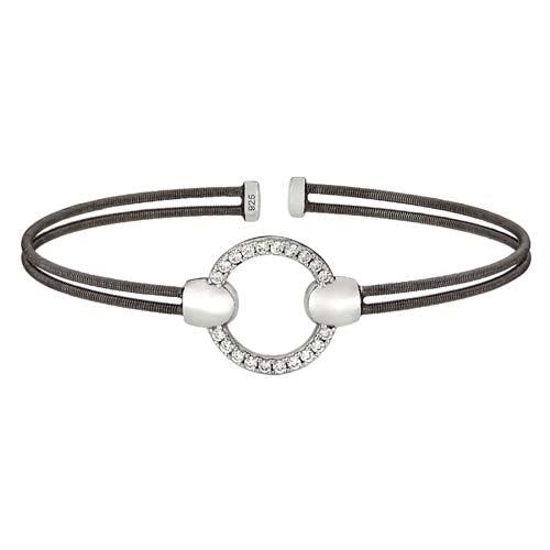 Black Rhodium Finish SS Two Cable Cuff Bracelet with Rhodium Finish Simulated Diamond Open Circle