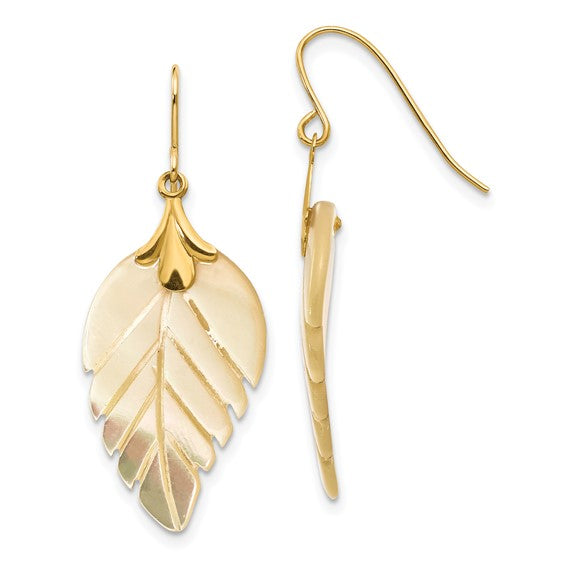 14K Yellow Gold Mother of Pearl Leaf Dangle Earrings