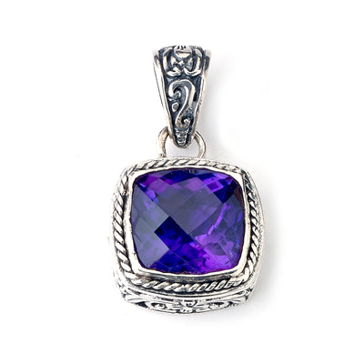 SS SQUARE FLORAL PENDANT W/ AMETHYST CENTER