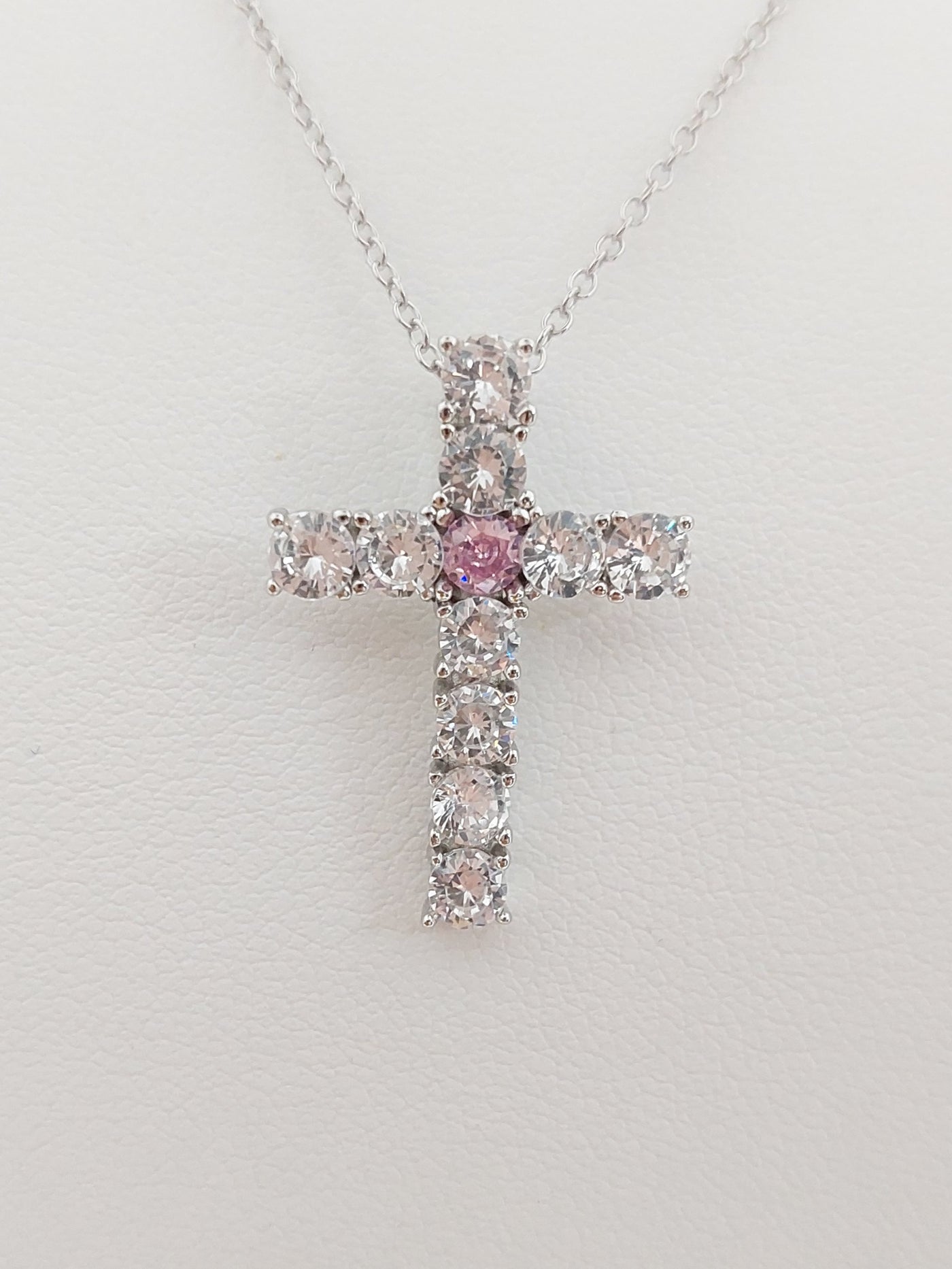 Silver Simulated Pink Tourmaline/Diamond Cross Necklace