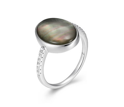 SS Gray Mother of Pearl and White Topaz "Izah" Ring (Size 8.25)