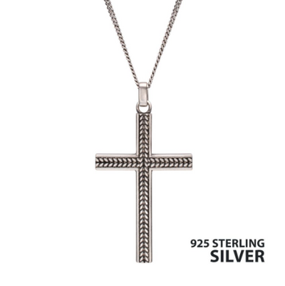 Sterling Silver Chevron Cross Pendant with Antiqued Finish Box Chain