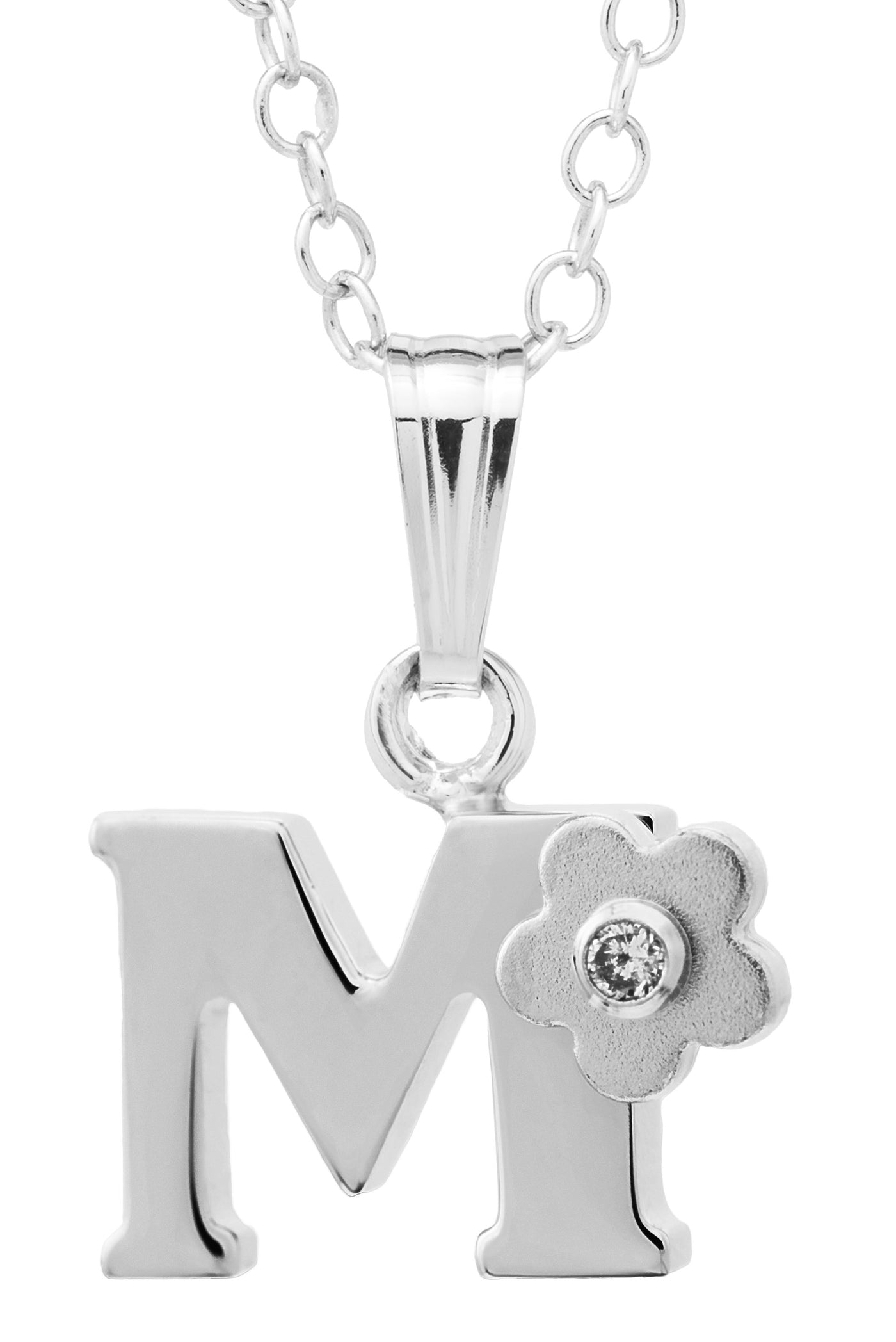 Sterling Silver Inital Diamond Flower "M" Necklace with a 15in chain