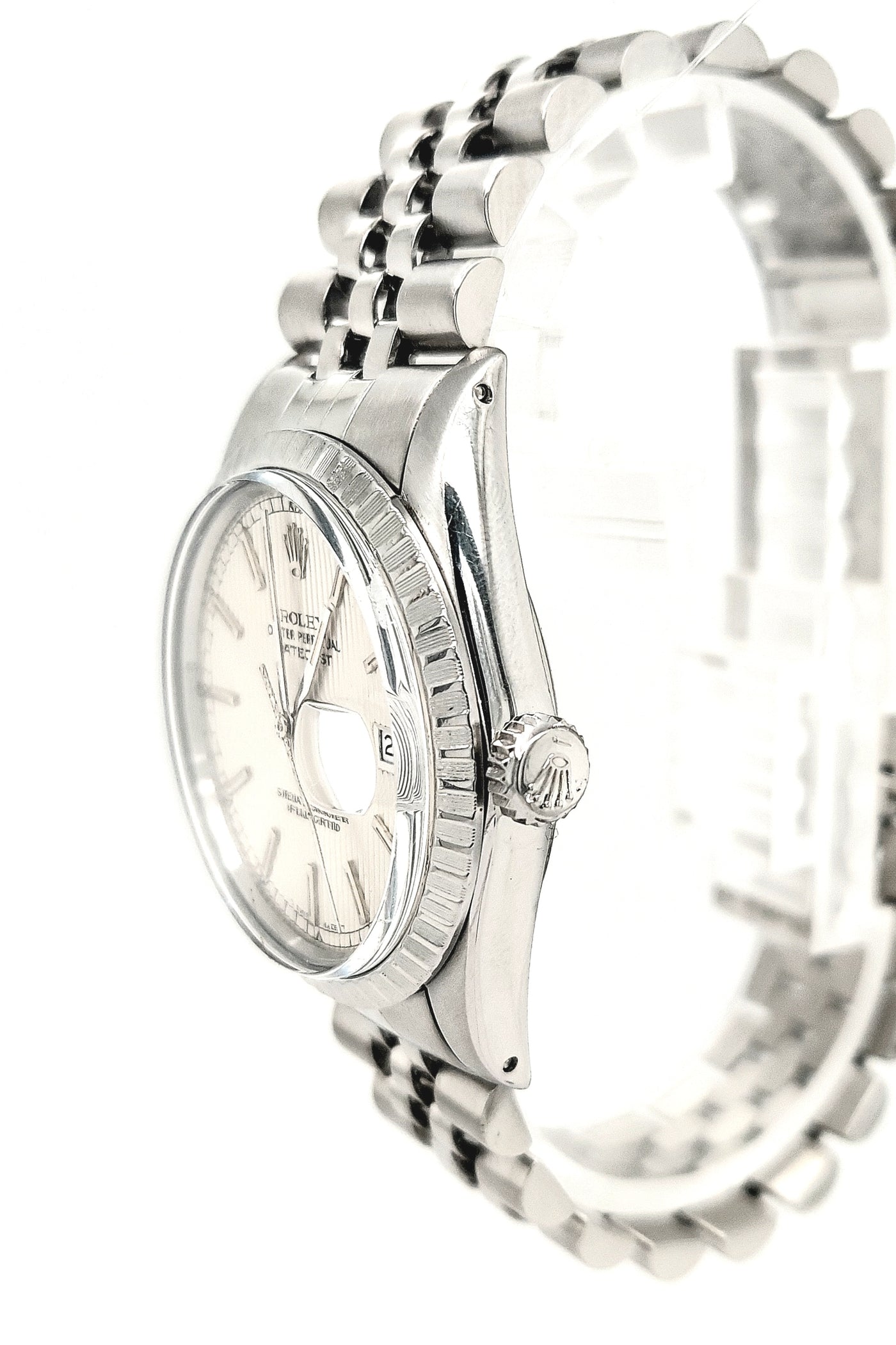 Gent's Stainless Pre-owned Rolex Datejust with Silver Tapestry Dial
