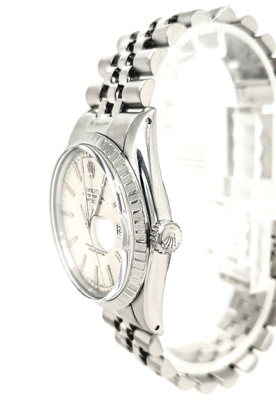Gent's Stainless Pre-owned Rolex Datejust with Silver Tapestry Dial