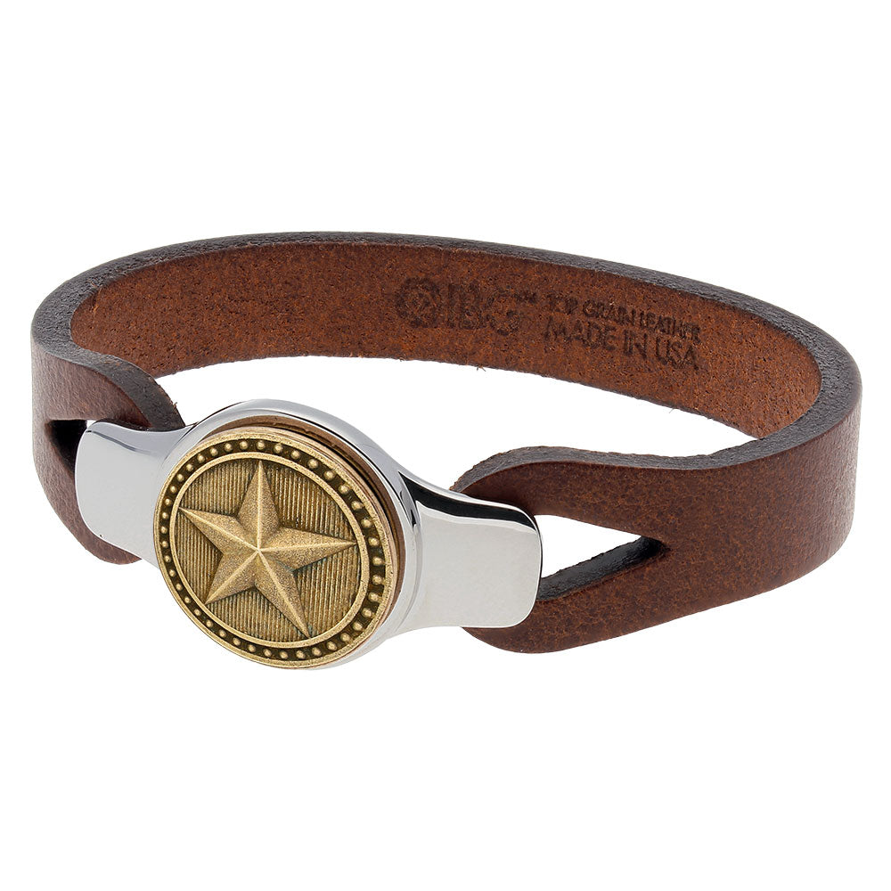 Sterling Silver Brown Leather Strap Texas Star Bracelet