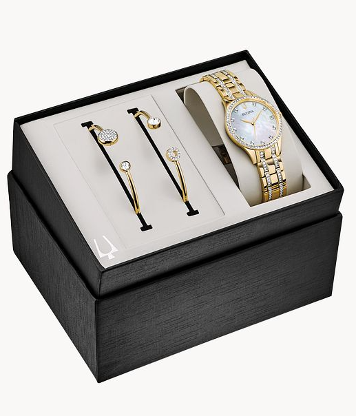 Lady's Gold Tone Bulova "Crystal" Watch and Bracelet Gift Set