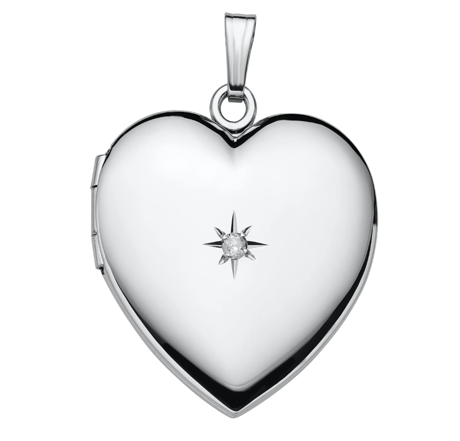 Sterling Silver Heart Locket with Diamond on Rolo Chain (18 inches)
