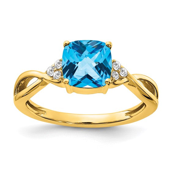 14K Yellow Gold Checkerboard Blue Topaz and Diamond Ring Size:7