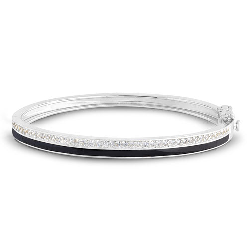 Platinum Finish Sterling Silver Micropave Hinged Bangle Bracelet with with Black Enamel and Simulated Diamonds