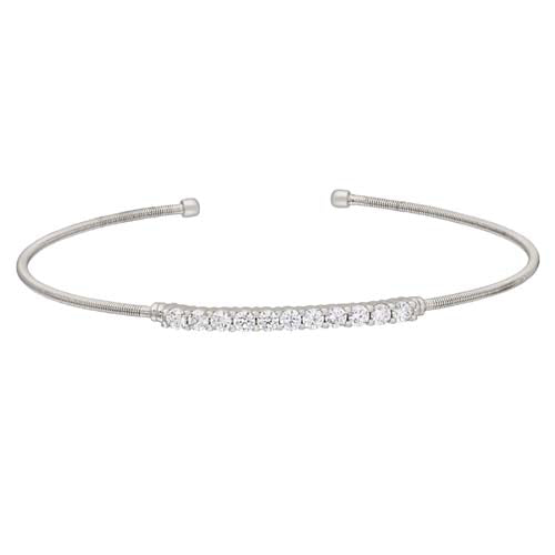 Rhodium Finish Sterling Silver Cable Cuff Bracelet with Simulated Diamonds