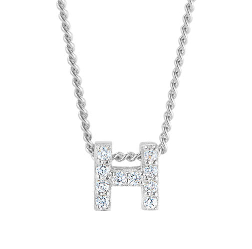 Platinum Finish Sterling Silver Micropave H Initial Pendant with Simulated Diamonds on 18" Curb Chain