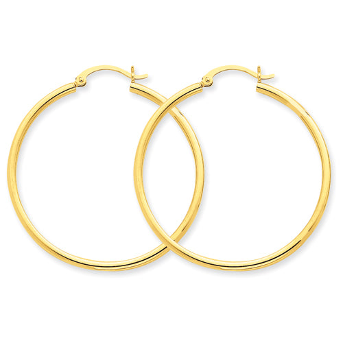 14K Yellow Gold Polished 2x40mm Lightweight Tube Hoop Earrings