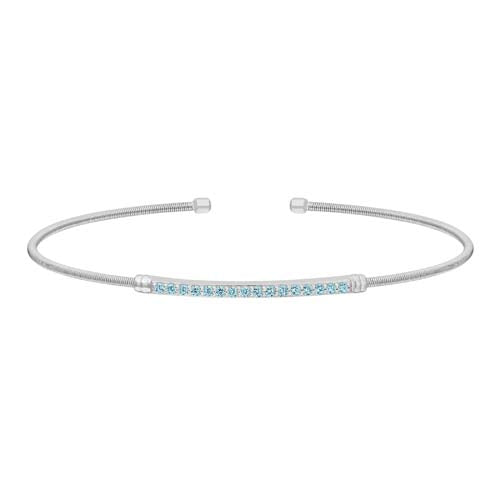 Rhodium Finish Sterling Silver Cable Cuff Bracelet with Simulated Aquamarine Birth Gems - March