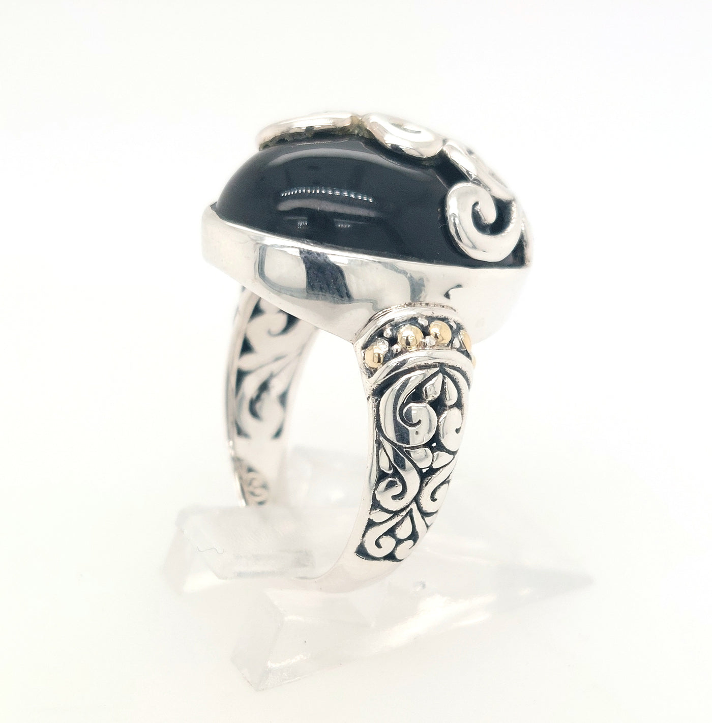 SS and 18K Yellow Gold Oval Black Chalcedony "Silver Fern Ring"